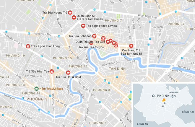 Bản đồ phân bố quán trà sữa trên đường Phan Xích Long